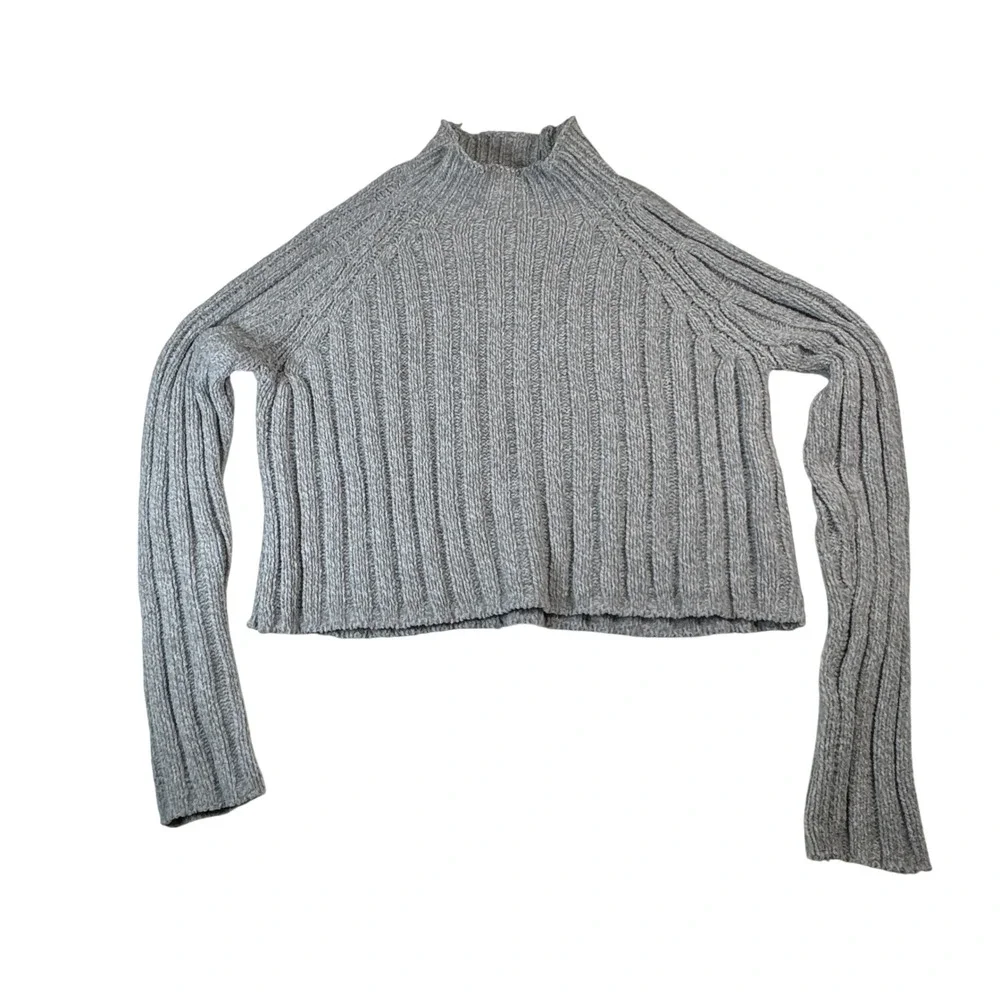 American Eagle Womens Gray Ribbed Knit Mock Neck Long‎ Sleeve Cropped Sweater M
